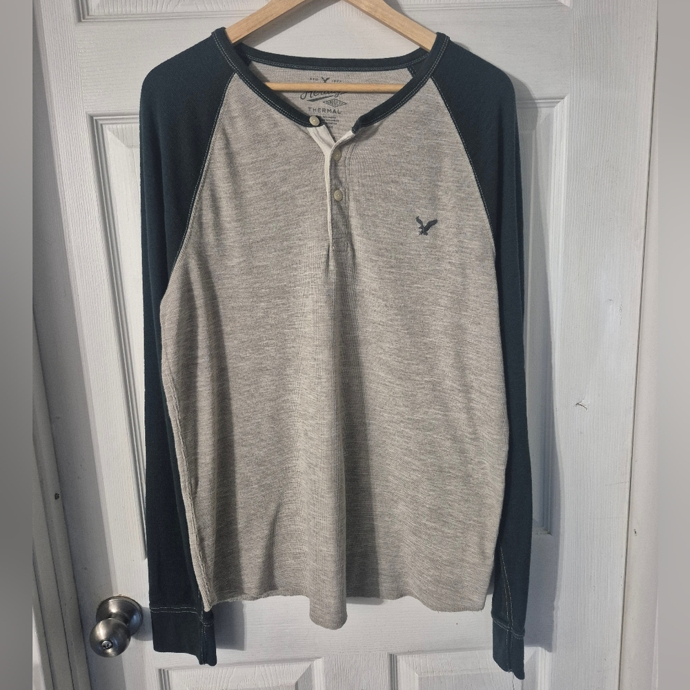 Men's American Eagle Outfitters Gray and Green Long Sleeve Henley Sz XL